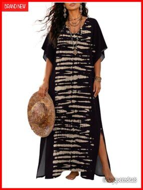 Plus Size Cotton Kaftan Dress Batwing Sleeve Maxi V Neck Split Lightweight